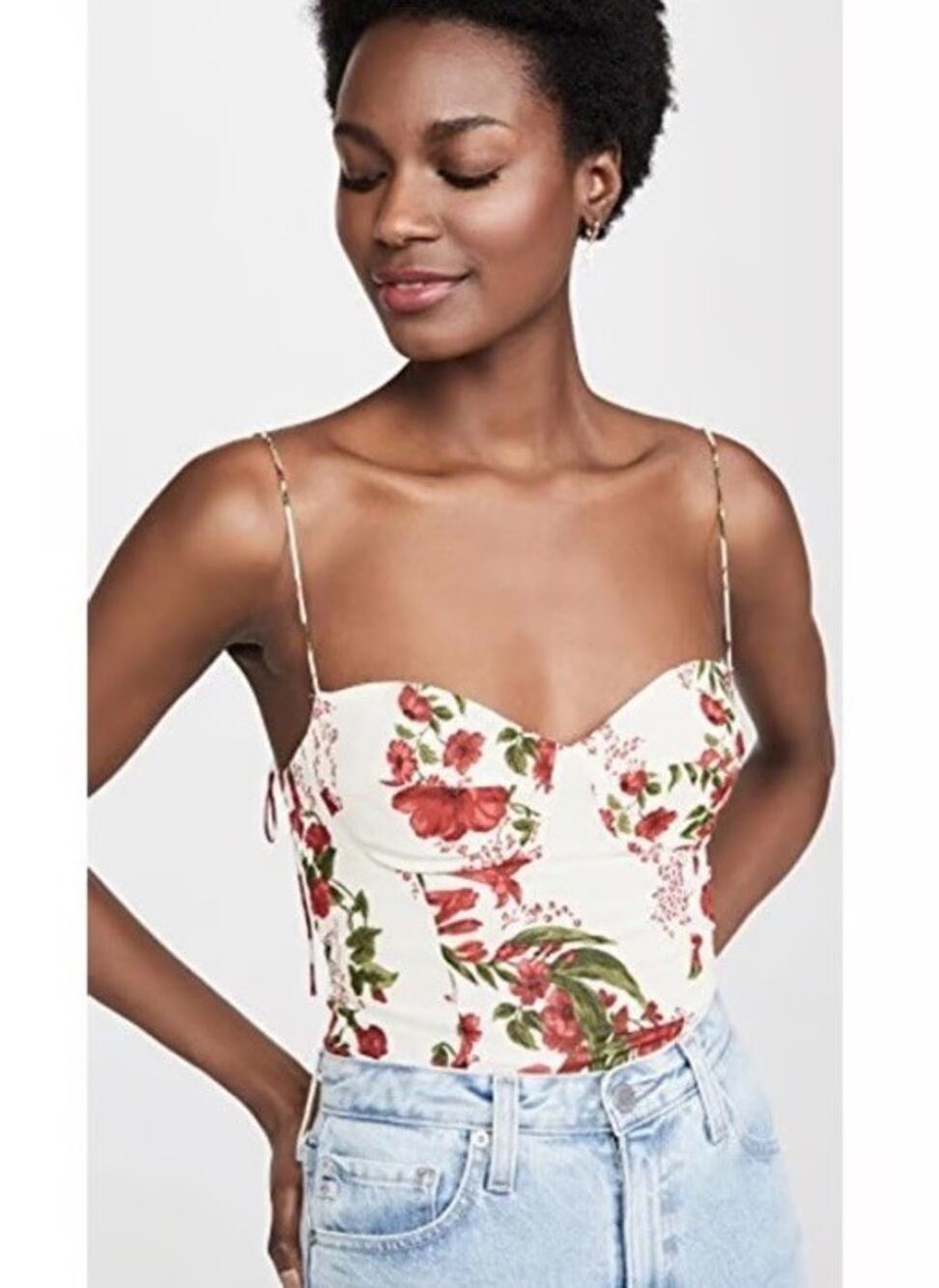 Reformation Liza Floral Georgette Corset Bustier Top Ivory Red Size 6
